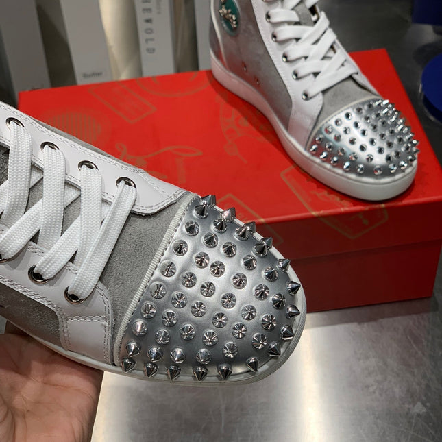 EMBROIDERED LOU SPIKES HIGH-TOP SNEAKERS IN GREY SUEDE MIX CALFSKIN