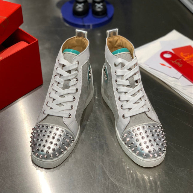 EMBROIDERED LOU SPIKES HIGH-TOP SNEAKERS IN GREY SUEDE MIX CALFSKIN