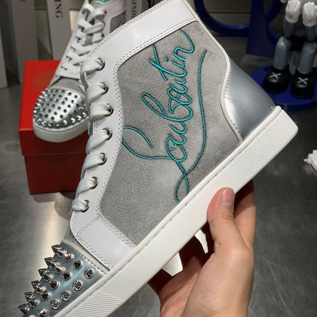 EMBROIDERED LOU SPIKES HIGH-TOP SNEAKERS IN GREY SUEDE MIX CALFSKIN