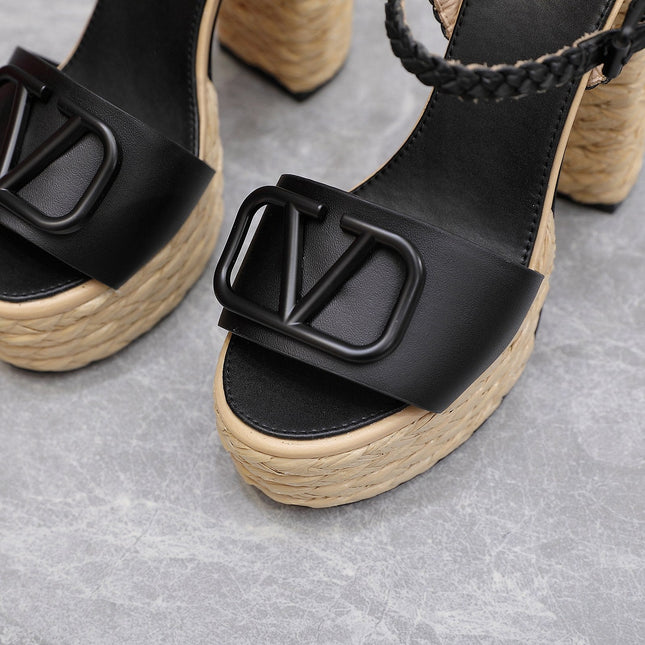 VLTN ESPADRILLE WEDGE SANDALS 25S 130 MM IN BLACK LAMBSKIN
