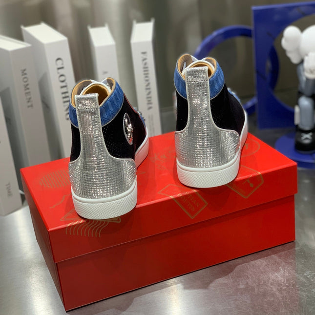 LOU SPIKES STUDDED HIGH-TOP SNEAKERS IN BLUE AND BLACK FABRIC MIX CALFSKIN