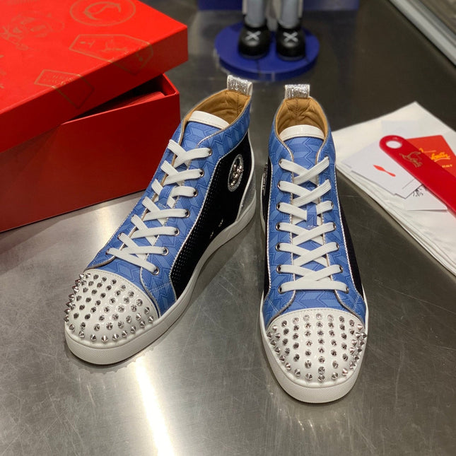 LOU SPIKES STUDDED HIGH-TOP SNEAKERS IN BLUE AND BLACK FABRIC MIX CALFSKIN