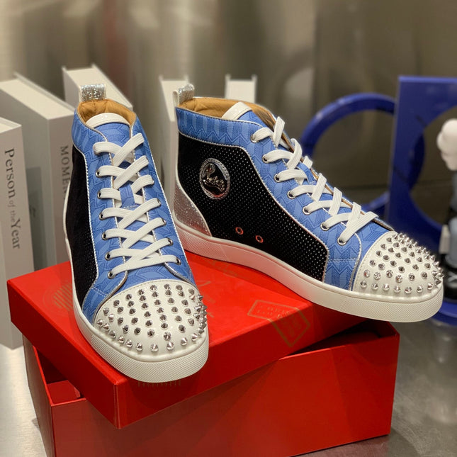 LOU SPIKES STUDDED HIGH-TOP SNEAKERS IN BLUE AND BLACK FABRIC MIX CALFSKIN