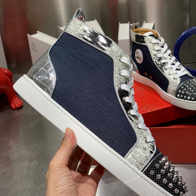 LOU SPIKES STUDDED HIGH-TOP SNEAKERS IN NAVY BLUE FABRIC AND CALFSKIN