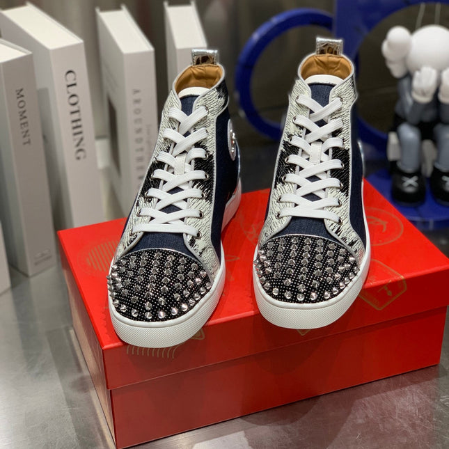 LOU SPIKES STUDDED HIGH-TOP SNEAKERS IN NAVY BLUE FABRIC AND CALFSKIN