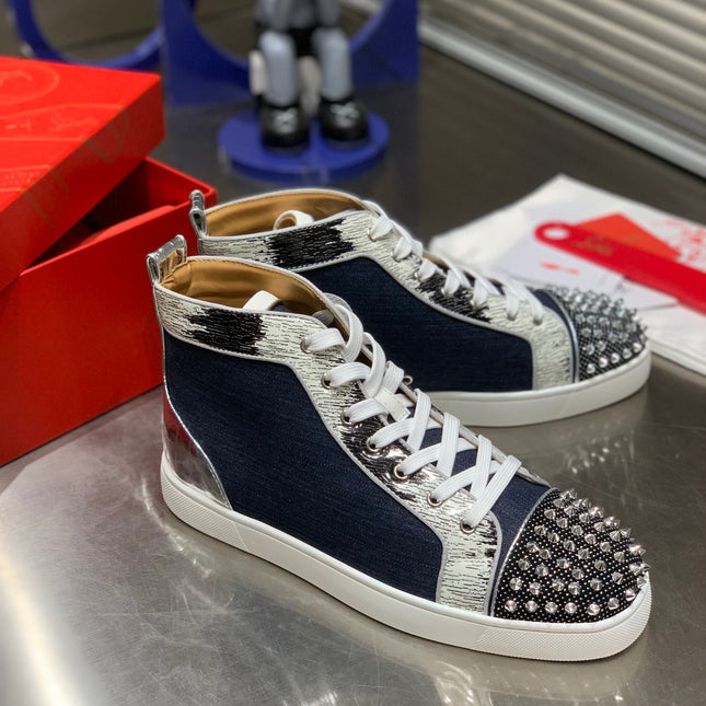 LOU SPIKES STUDDED HIGH-TOP SNEAKERS IN NAVY BLUE FABRIC AND CALFSKIN