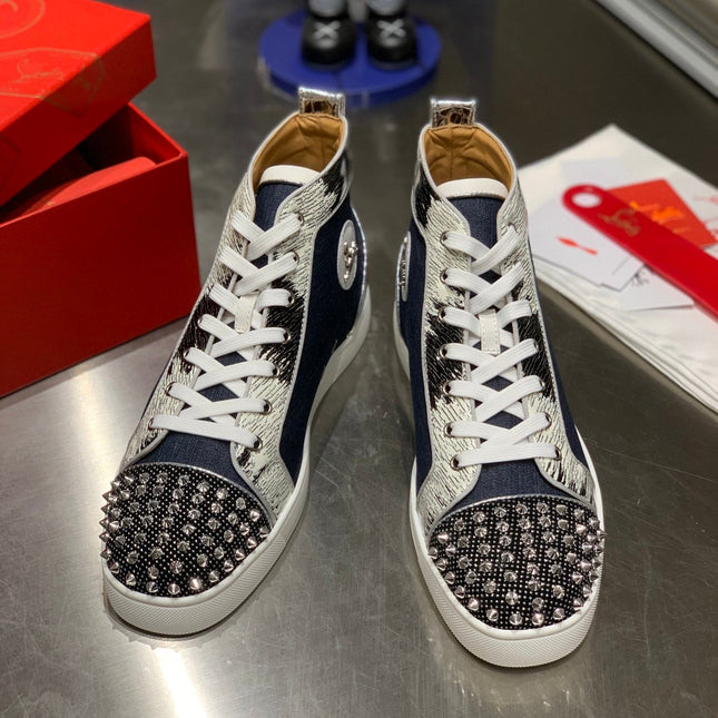 LOU SPIKES STUDDED HIGH-TOP SNEAKERS IN NAVY BLUE FABRIC AND CALFSKIN