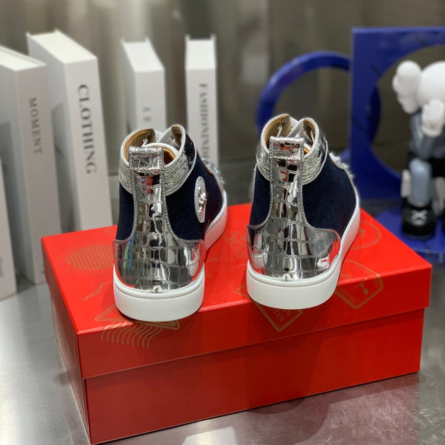 LOU SPIKES STUDDED HIGH-TOP SNEAKERS IN NAVY BLUE FABRIC AND CALFSKIN