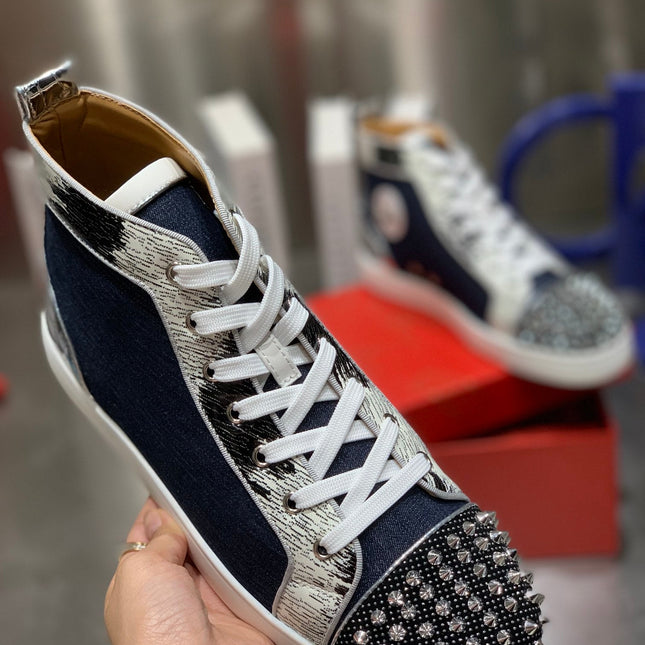 LOU SPIKES STUDDED HIGH-TOP SNEAKERS IN NAVY BLUE FABRIC AND CALFSKIN
