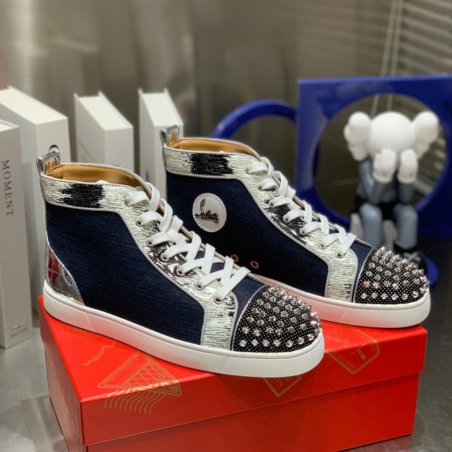 LOU SPIKES STUDDED HIGH-TOP SNEAKERS IN NAVY BLUE FABRIC AND CALFSKIN