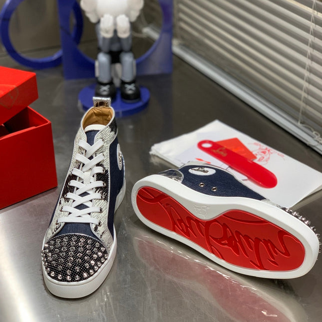 LOU SPIKES STUDDED HIGH-TOP SNEAKERS IN NAVY BLUE FABRIC AND CALFSKIN