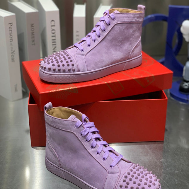 LOU SPIKES STUDDED HIGH-TOP SNEAKERS IN BABY PURPLE SUEDE