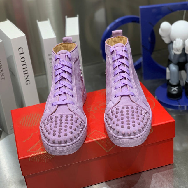 LOU SPIKES STUDDED HIGH-TOP SNEAKERS IN BABY PURPLE SUEDE