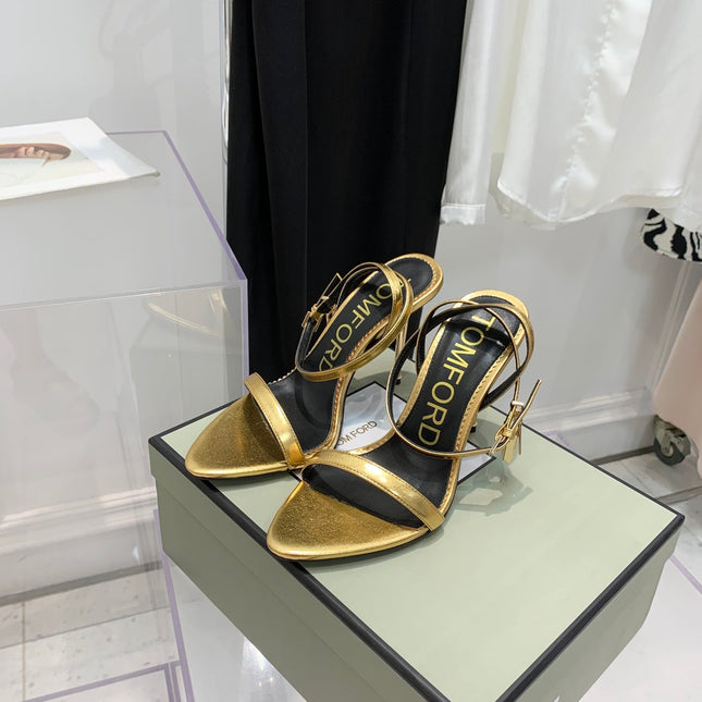 PADLOCK HIGH HEEL 10 CM SANDAL IN GOLD SHEEPSKIN