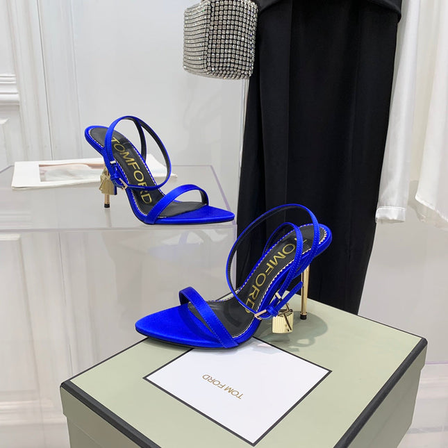 PADLOCK HIGH HEEL 10 CM SANDAL IN COBALT BLUE SHEEPSKIN