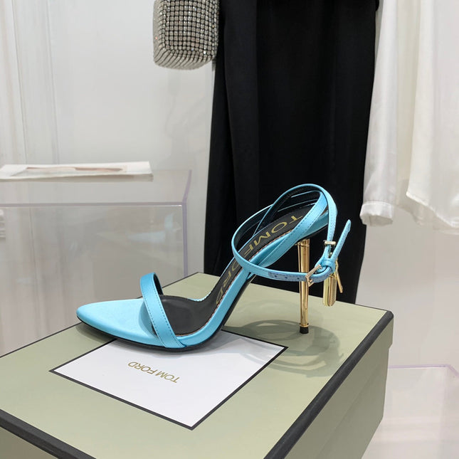 PADLOCK HIGH HEEL 10 CM SANDAL IN AQUA BLUE SHEEPSKIN