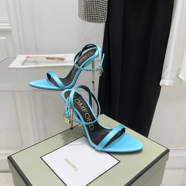 PADLOCK HIGH HEEL 10 CM SANDAL IN AQUA BLUE SHEEPSKIN