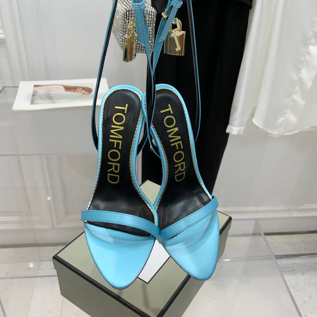 PADLOCK HIGH HEEL 10 CM SANDAL IN AQUA BLUE SHEEPSKIN