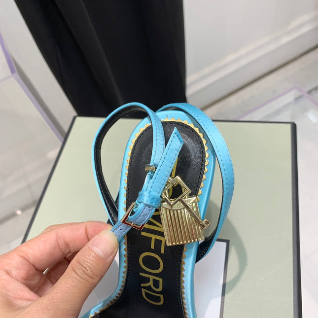 PADLOCK HIGH HEEL 10 CM SANDAL IN AQUA BLUE SHEEPSKIN