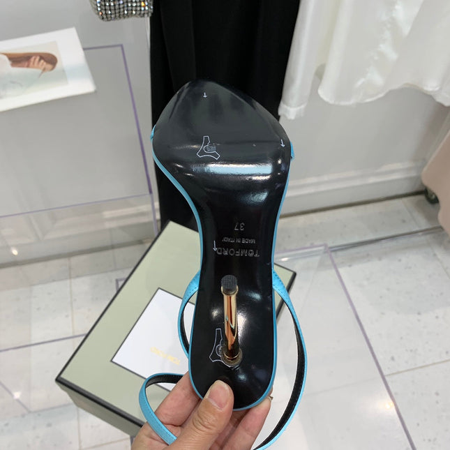 PADLOCK HIGH HEEL 10 CM SANDAL IN AQUA BLUE SHEEPSKIN