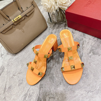 ROMAN STUD MANGO ORANGE CALFSKIN SLIDE SANDAL 60 MM