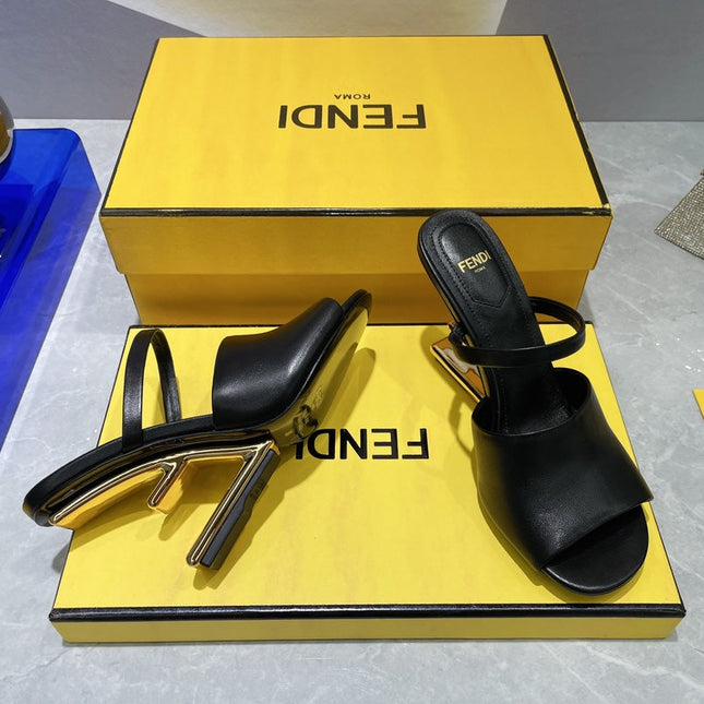FENDI FIRST 95 MM HIGH-HEELED SANDAL IN BLACK LAMBSKIN GOLD HARDWARE