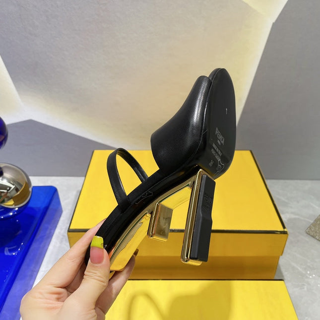 FENDI FIRST 95 MM HIGH-HEELED SANDAL IN BLACK LAMBSKIN GOLD HARDWARE