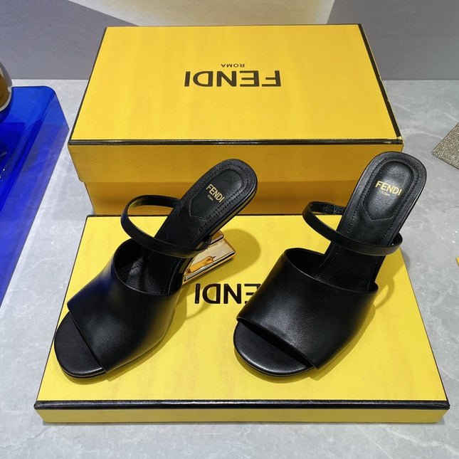 FENDI FIRST 95 MM HIGH-HEELED SANDAL IN BLACK LAMBSKIN GOLD HARDWARE