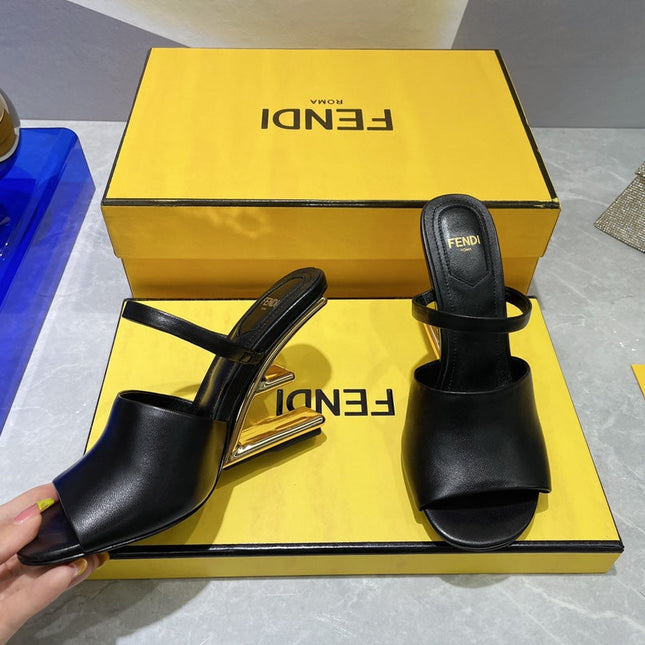 FENDI FIRST 95 MM HIGH-HEELED SANDAL IN BLACK LAMBSKIN GOLD HARDWARE
