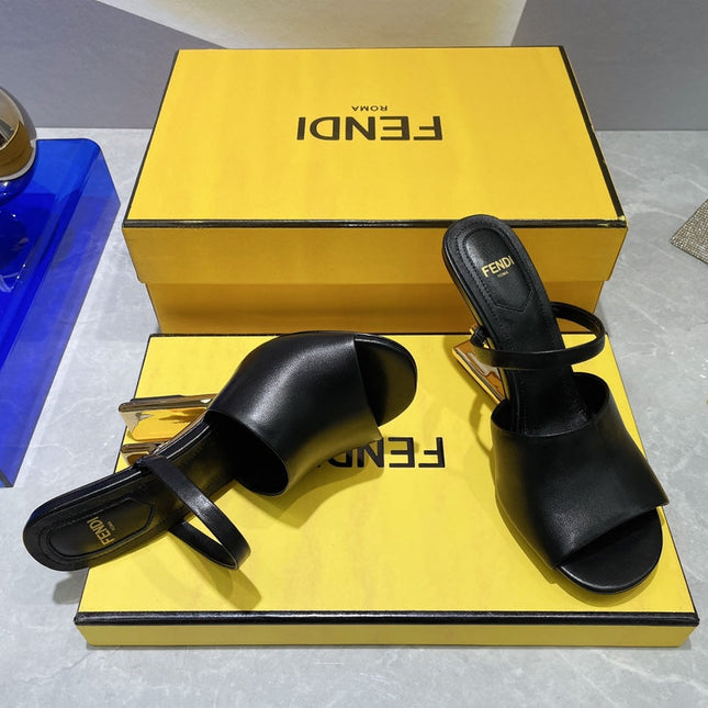 FENDI FIRST 95 MM HIGH-HEELED SANDAL IN BLACK LAMBSKIN GOLD HARDWARE