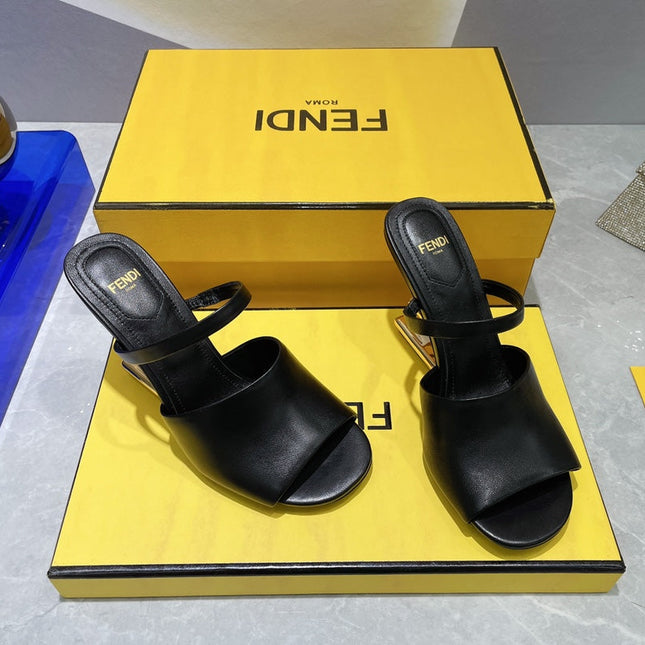 FENDI FIRST 95 MM HIGH-HEELED SANDAL IN BLACK LAMBSKIN GOLD HARDWARE