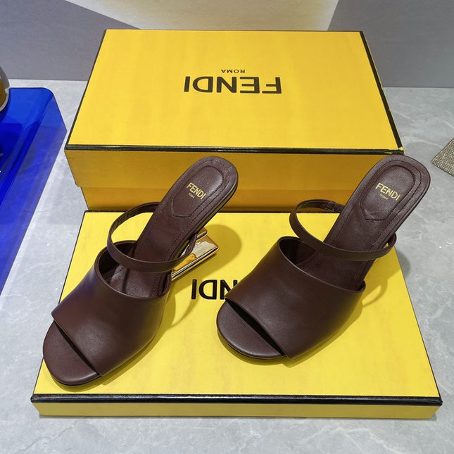 FENDI FIRST 95 MM HIGH-HEELED SANDAL IN CHOCOLATE BROWN LAMBSKIN GOLD HARDWARE