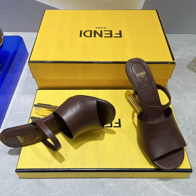 FENDI FIRST 95 MM HIGH-HEELED SANDAL IN CHOCOLATE BROWN LAMBSKIN GOLD HARDWARE