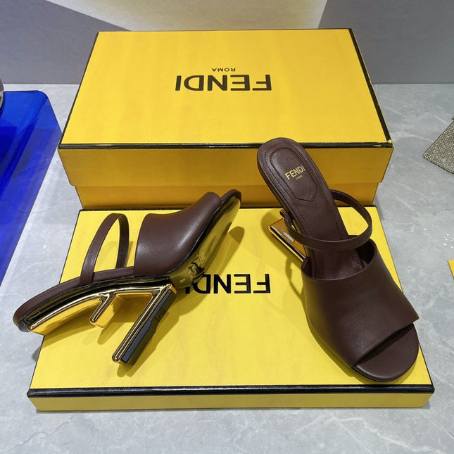 FENDI FIRST 95 MM HIGH-HEELED SANDAL IN CHOCOLATE BROWN LAMBSKIN GOLD HARDWARE