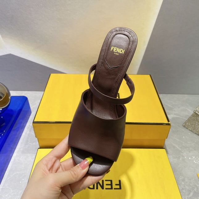 FENDI FIRST 95 MM HIGH-HEELED SANDAL IN CHOCOLATE BROWN LAMBSKIN GOLD HARDWARE
