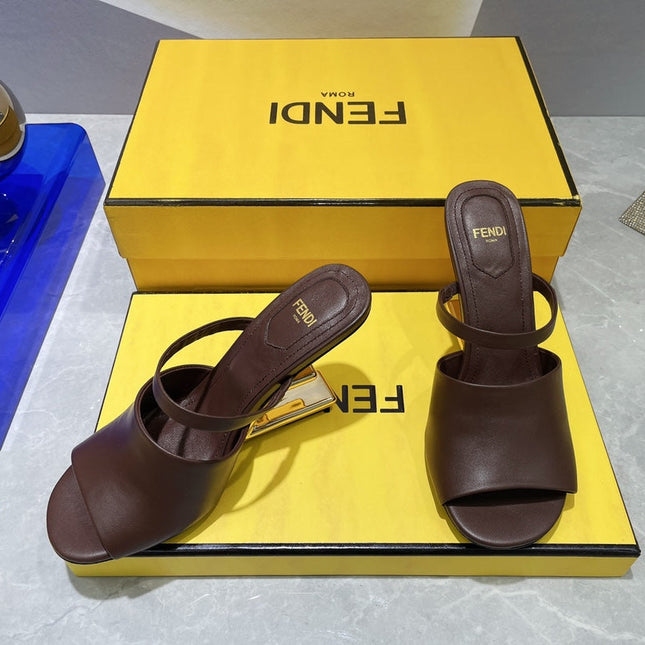 FENDI FIRST 95 MM HIGH-HEELED SANDAL IN CHOCOLATE BROWN LAMBSKIN GOLD HARDWARE
