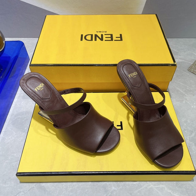 FENDI FIRST 95 MM HIGH-HEELED SANDAL IN CHOCOLATE BROWN LAMBSKIN GOLD HARDWARE