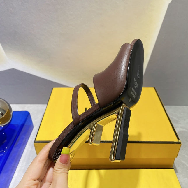 FENDI FIRST 95 MM HIGH-HEELED SANDAL IN CHOCOLATE BROWN LAMBSKIN GOLD HARDWARE