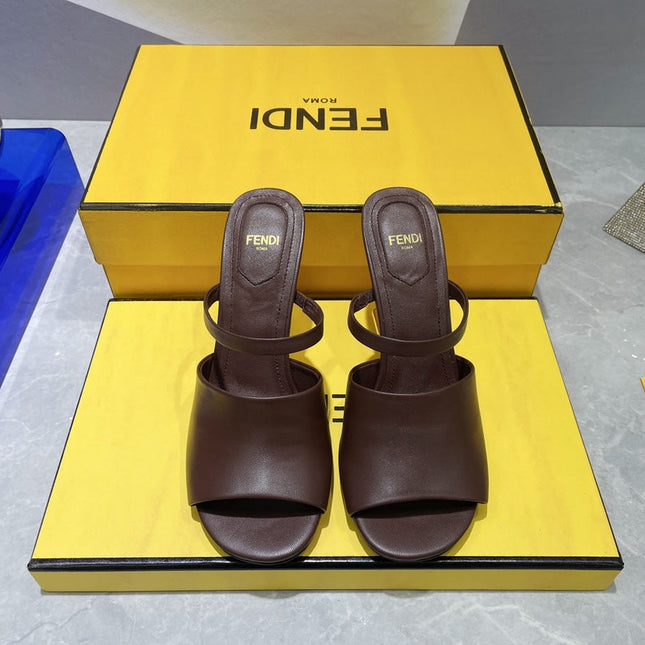 FENDI FIRST 95 MM HIGH-HEELED SANDAL IN CHOCOLATE BROWN LAMBSKIN GOLD HARDWARE