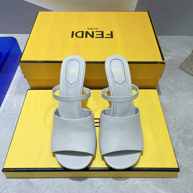 FENDI FIRST 95 MM HIGH-HEELED SANDAL IN CLOUD GREY LAMBSKIN GOLD HARDWARE