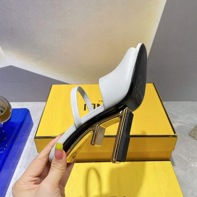 FENDI FIRST 95 MM HIGH-HEELED SANDAL IN CLOUD GREY LAMBSKIN GOLD HARDWARE