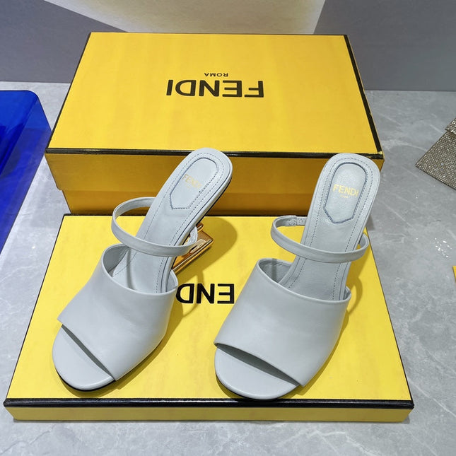 FENDI FIRST 95 MM HIGH-HEELED SANDAL IN CLOUD GREY LAMBSKIN GOLD HARDWARE