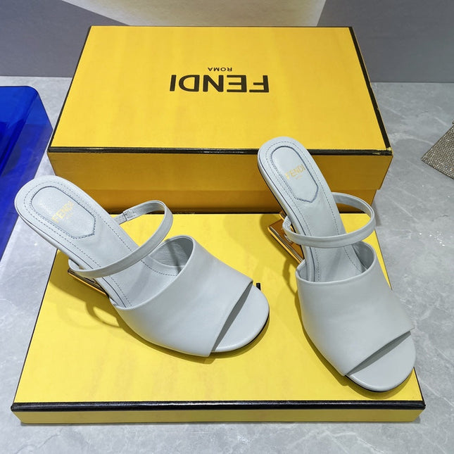 FENDI FIRST 95 MM HIGH-HEELED SANDAL IN CLOUD GREY LAMBSKIN GOLD HARDWARE