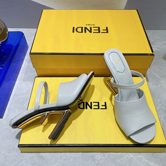 FENDI FIRST 95 MM HIGH-HEELED SANDAL IN CLOUD GREY LAMBSKIN GOLD HARDWARE