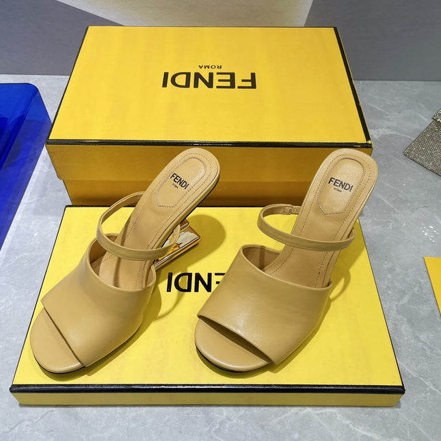 FENDI FIRST 95 MM HIGH-HEELED SANDAL IN MUSTARD YELLOW LAMBSKIN GOLD HARDWARE