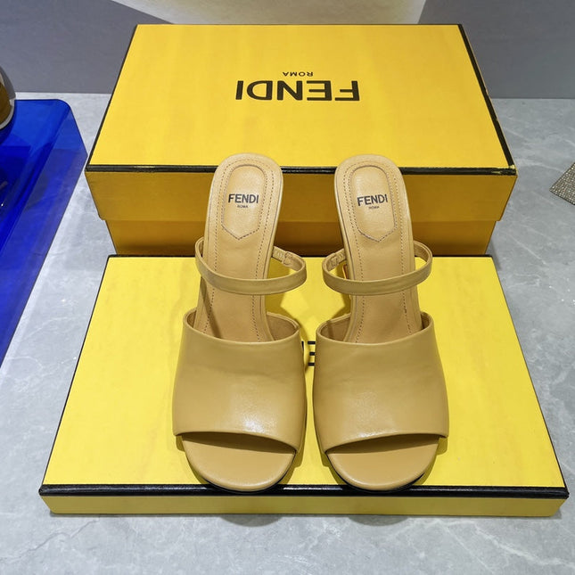 FENDI FIRST 95 MM HIGH-HEELED SANDAL IN MUSTARD YELLOW LAMBSKIN GOLD HARDWARE