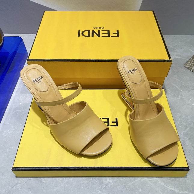 FENDI FIRST 95 MM HIGH-HEELED SANDAL IN MUSTARD YELLOW LAMBSKIN GOLD HARDWARE