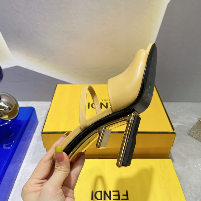 FENDI FIRST 95 MM HIGH-HEELED SANDAL IN MUSTARD YELLOW LAMBSKIN GOLD HARDWARE