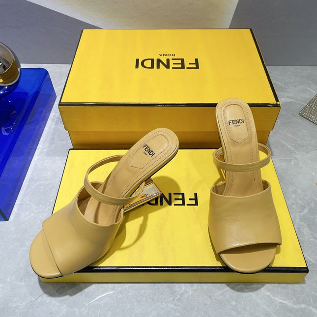 FENDI FIRST 95 MM HIGH-HEELED SANDAL IN MUSTARD YELLOW LAMBSKIN GOLD HARDWARE