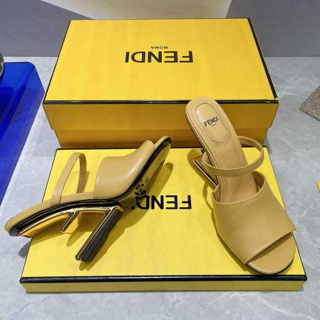 FENDI FIRST 95 MM HIGH-HEELED SANDAL IN MUSTARD YELLOW LAMBSKIN GOLD HARDWARE